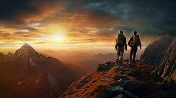 uomini e donne escursioni a piedi montagna picco a tramonto foto