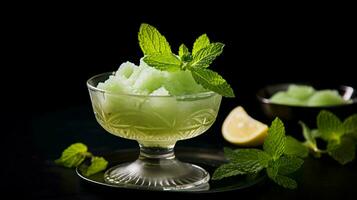 menta foglia contorno su buongustaio dolce fresco frutta cocktail foto