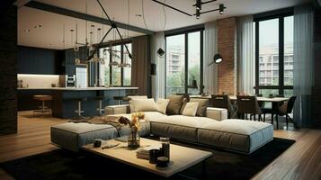 moderno appartamento interno con elegante arredamento e comfort foto