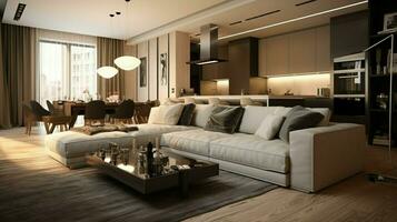 moderno appartamento con confortevole divano e elegante arredamento foto