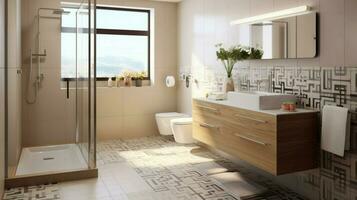 moderno domestico bagno con pulito piastrelle pavimento e astratto foto