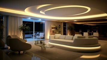 moderno casa interno con elegante decorazione e illuminazione foto