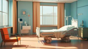 moderno ospedale camera con vuoto letto e sedia foto
