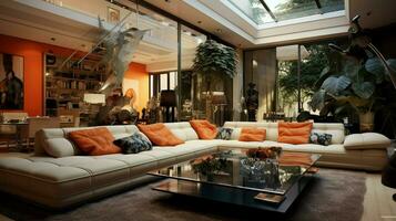 moderno interno vivente camera con confortevole divano foto