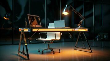 moderno ufficio scrivania illuminato di elettrico lampada foto