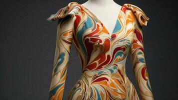 Multi colorato tessile modello su elegante vestito foto