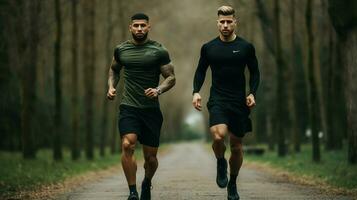 muscolare uomini jogging all'aperto nel gli sport capi di abbigliamento foto