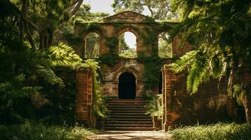 vecchio mattone edificio caratteristica circondato di natura frondoso foto