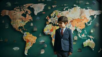uno bambino in piedi apprendimento di globale geografia foto
