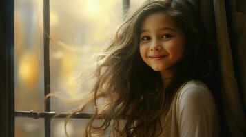 uno carino ragazza con Marrone capelli guardare attraverso finestra sorridente foto