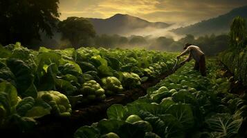 uno contadino raccolta fresco biologico verdure all'aperto foto