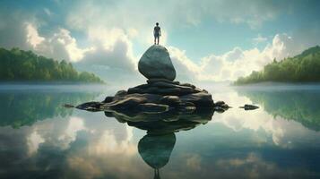 uno persona Meditare in piedi su roccia riflettendo foto
