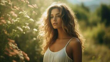 uno giovane donna nel natura guardare lontano bellezza nel estate foto