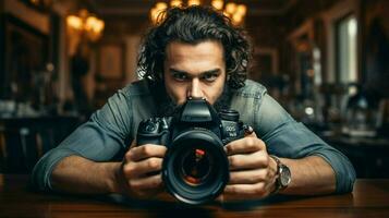 professionale fotografo prende vicino su con slr telecamera foto