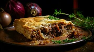 rustico carne torta al forno con salato cipolle foto