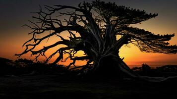 silhouette di un vecchio albero tronco a crepuscolo foto