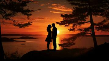 silhouette di coppia in piedi Guardando tranquillo tramonto foto