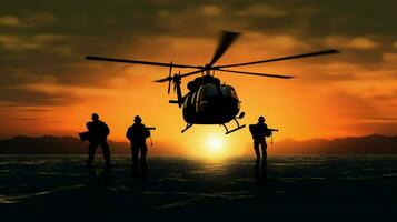 silhouette di armato forze pilotaggio elicottero all'aperto foto