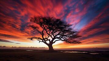 silhouette di albero contro drammatico cielo a tramonto foto