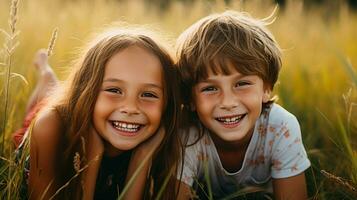 sorridente bambino allegro ragazza carino fratelli all'aperto divertimento foto