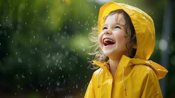 sorridente bambino gode il pioggia felicità nel bagnato all'aperto foto