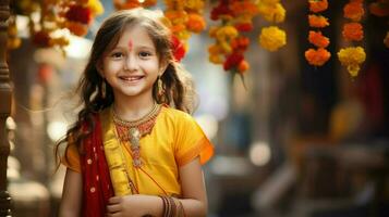 sorridente carino ragazza nel tradizionale vestito celebra gioioso foto