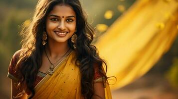 sorridente indiano ragazza nel tradizionale sari all'aperto foto