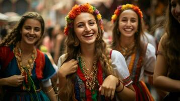 sorridente giovane donne nel tradizionale capi di abbigliamento celebrare foto