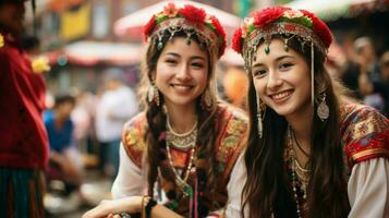 sorridente giovane donne nel tradizionale capi di abbigliamento celebrare foto