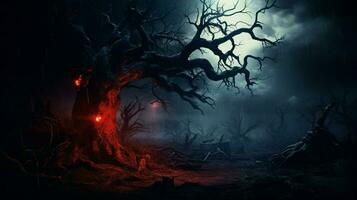 spaventoso notte buio orrore nebbioso vecchio albero il male paura fantasia foto