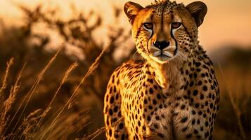 macchiato ghepardo maestoso cacciatore fissando nel savana foto
