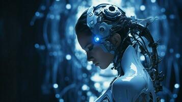 in piedi futuristico cyborg illuminato di blu macchinari foto