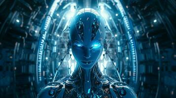 in piedi futuristico cyborg illuminato di blu macchinari foto