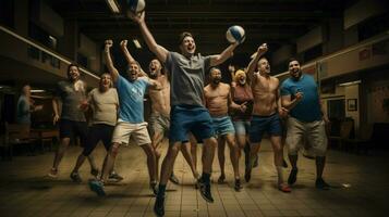 squadra di adulto uomini giocando competitivo pallavolo in casa foto