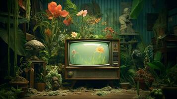 televisione e piante d'appartamento nel camera scena foto