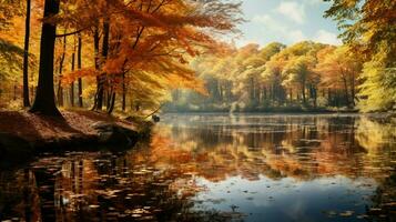 tranquillo autunno foresta riflette su sereno stagno foto