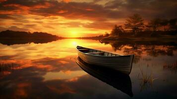 tranquillo tramonto su il stagno barca a remi scivola attraverso riflettere foto