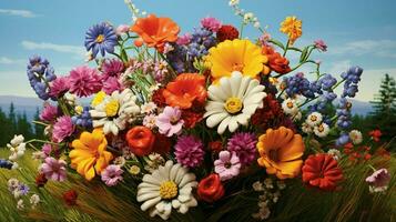 vivace mazzo di Multi colorato fiori nel un' rurale prato foto