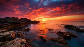 vivace tramonto al di sopra di tranquillo paesaggio marino idilliaco bellezza foto