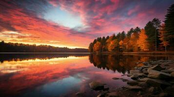 vivace tramonto cielo al di sopra di tranquillo autunno foresta foto
