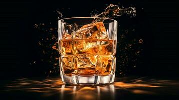 whisky su ghiaccio nel raggiante bicchiere movimento foto