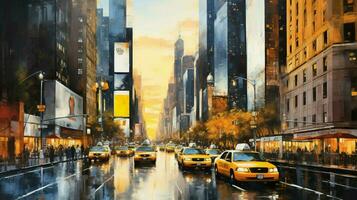 giallo Taxi corsa attraverso città strade a crepuscolo foto