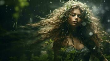 giovane adulto donna nel foresta surreale bellezza foto