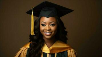 giovane africano donna sorridente nel la laurea toga foto