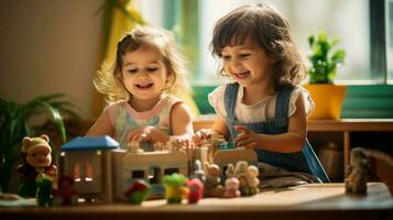 giovane bambini sorridente apprendimento e giocando insieme interno foto