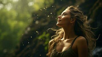 giovane donna godendo il bellezza di natura nel un' tranquillo foto