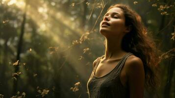 giovane donna godendo il bellezza di natura nel un' tranquillo foto