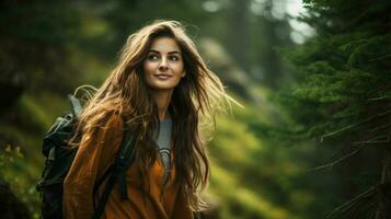 giovane donna escursioni a piedi nel il foresta godendo il bellezza foto