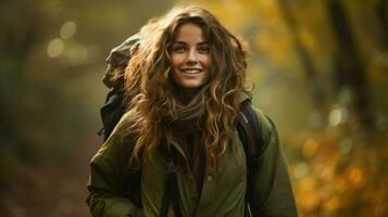 giovane donna escursioni a piedi nel il foresta godendo il bellezza foto