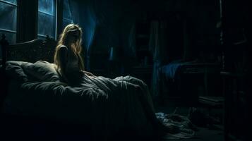 giovane donna riposo nel buio solitario Camera da letto foto